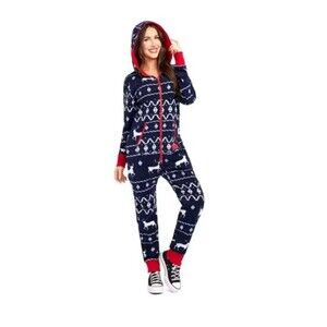 Tipsy Elves One Piece Zip Up Jumpsuit Navy Size Small  Hooded Reindeer Christmas